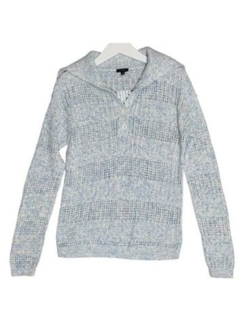 Talbots Coastal Sweater Blue White Crochet Knit V Neck Collar Classic XS